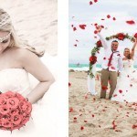 A bride and groom on the beach with rose petals