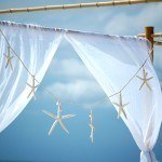 A white curtain with starfish hanging from it.