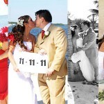 Couple kissing on beach with 11 11 11 sign.