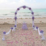 A wedding arch on the beach with purple flowers.
