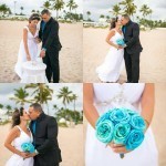 A couple kissing on the beach while holding their wedding bouquet.