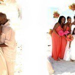 A wedding where bridesmaids are wearing orange dresses