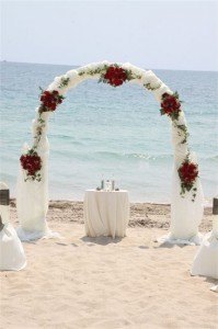 A wedding arch with red roses on the beach.