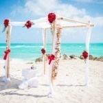 A wedding arch on the beach with red flowers.