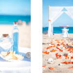 A beach scene with a bottle of water and flowers.