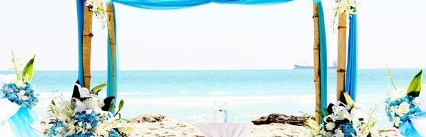 A beach wedding with blue flowers and bamboo arch.