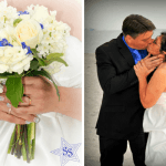 A Collage Image Of A Bride And Groom Kissing