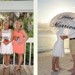 Two photos of a couple getting married on the beach.