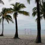 A soccer goal on the beach with palm trees