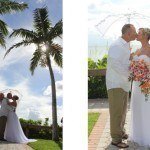 A couple kissing under an umbrella on their wedding day.