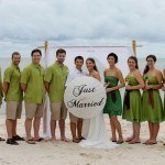 A married couple with their bridesmaids and groomsmen wearing green