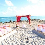 A beach wedding with pink and white flowers