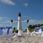 A lighthouse on the beach with blue and white decorations.
