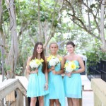 Three girls in blue dresses holding flowers on a bridge.